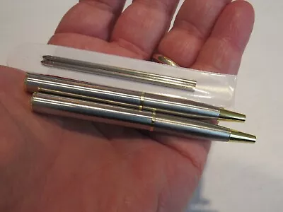 Set Of 2 Super Mini Brushed Chrom/gold Trim Metal Ballpoint Pen+2 Extra  Refills • $7.19