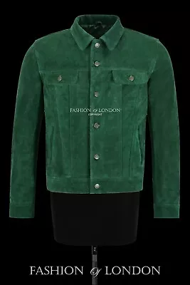 Men's Trucker Leather Jacket Green Suede Casual Fashion Shirt Style Jacket 1280 • £93.49