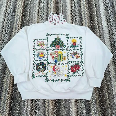 Vintage Christmas Sweater Women Medium White Turtle Neck Sweatshirt USA 90s Y2K • $19.91