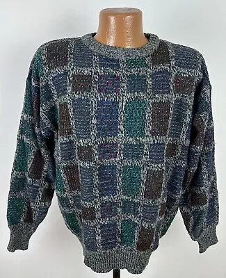 Vintage 90s Jewel Tone Checkered Sweater XL Acrylic Grandpa Dad Pullover Rainbow • $22.09