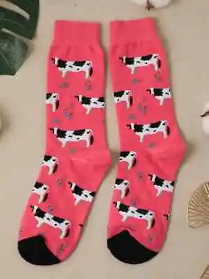 Womens New Pink Cow In The Meadow Novelty Socks. One Size Stretchy. • £3.20