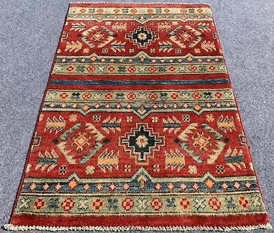 Authentic Hand Knotted Afghan Kazak Wool Area Rug 3.2 X 2.1 Ft (2069 HM) • £67.50