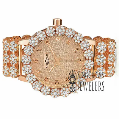  Mens Khronos Watch Rose Gold Tone Lab Diamond Flower Bezel Band Custom Watch • £192.75