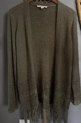 New Michael Kors Womens Medium Olive Midi Duster Cardigan Mk Fringe Boho Sweater • $19.99