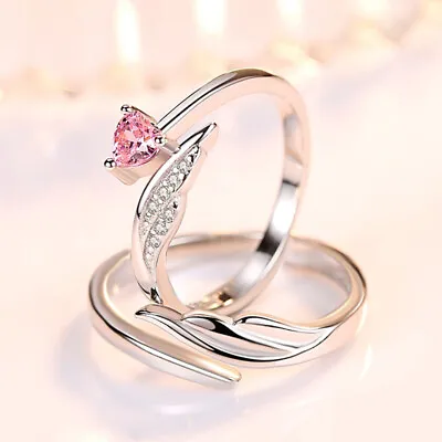 925 Sterling Silver Angel Wing Heart Adjustable Ring Womens Girls Jewellery Gift • £3.47
