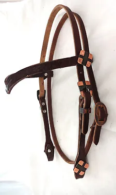 V Browband Brown Ostrich Harness Leather Horse Headstall Copper Conchos Buckles • $149.99