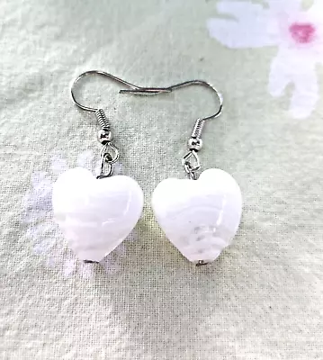 Pretty White And Clear Murano Glass Swirl Heart Dangle Earrings. Ideal Gift • $6.15