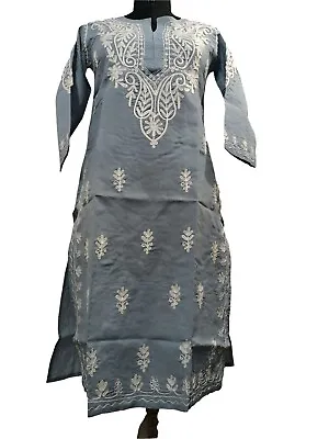 Embroidered Clothing DressWomen Long Summer Tunic Top Grey Indian Cotton Kurta • $36.62