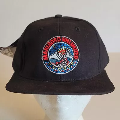 Vintage 1990's  Marlboro Unlimited  Patch Strapback Hat Baseball Cap NWT Black • $25.19