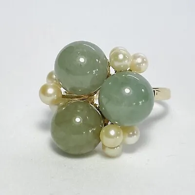 Ming's Honolulu 14K Yellow Gold Jade Ball Akoya Pearl Cluster Size 8 Ring 9.7g • $1580