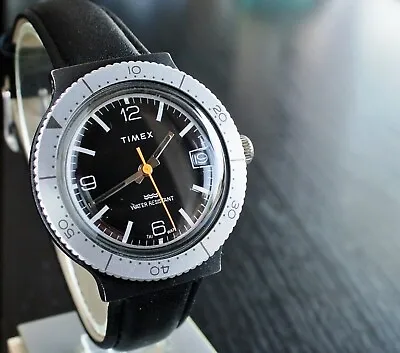 Vintage Timex 1980 Sport Diver Date Mechanical Wind Up Men's Black Leather Watch • $184.99