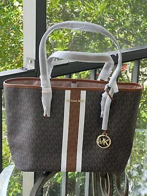 Michael Kors Jet Set Travel Medium Carryall Tote Brown MK Luggage Center Stripe • $169