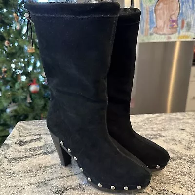 Michael Kors Studded Suede Black Heel Pull On Boots Faux Fur Lined Sz 8.5 • $26.91