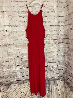 Soprano Maxi Dress Womens Medium Red Cutout Ribbed Side Slit Midi Stretch Halter • $18.04