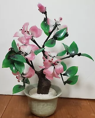 Vintage Chinese Jadeite Tree  Glass Leaves Flowers Floral Sculpture Bonsai 10  • $21