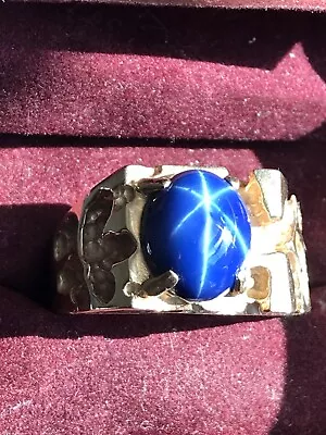 Vintage Men’s 14k Gold Nugget Ring Sz.13.5/ W/ Blue Star Sapphire • $625