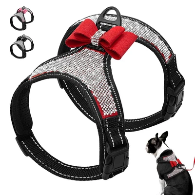 £11.39 • Buy Diamante Dog Harness With Cute Bow Tie Bling Rhinestone Mesh Padded Reflective