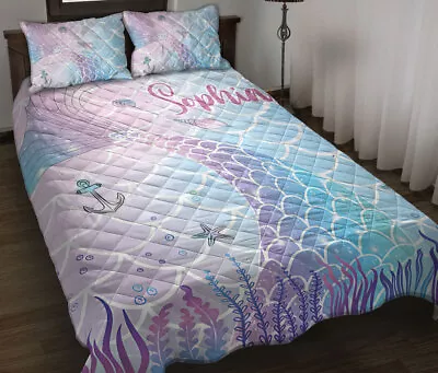 Mermaid For Girl Custom Name Quilt Blanket Pillowcases Bedding Bed Set Bedspread • $113.99