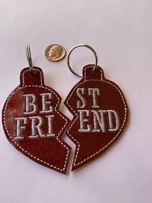 NEW 2 Part Set BEST FRIENDS Half Heart Red Glitter Vinyl Embr Fob Key Ring • £9.65