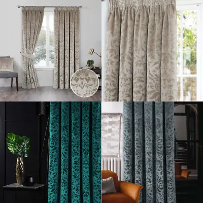 Taylor Interlined Velour Pencil Pleat Curtains (Pair Of) Green Grey & Natural • £15