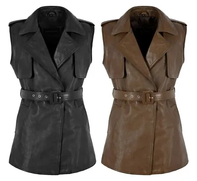 Women Leather Designer Vest Belted Lambskin Leather Collared Long Waistcoat 7424 • £119.74