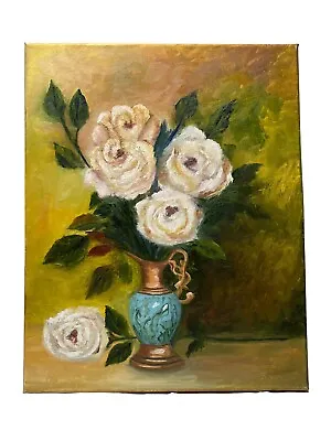 Vtg Mid Century Impressionism White Roses Floral Still Life Oil Painting 16 X20  • $49.99