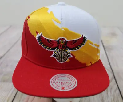 NWT Mitchell & Ness Paintbrush Splash Atlanta Hawks Snapback Hat Cap Red White • $29.99