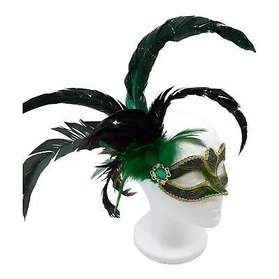 Masquerade Mardi Gras Costume Mask Feathers Embellished Tie Eye Mask Green Gold • $7.99