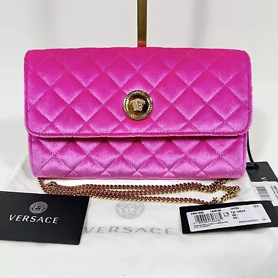 Versace La Medusa Velvet Quilted  Leather Wallet On Chain Clutch Fuchsia NWT • $1230.15