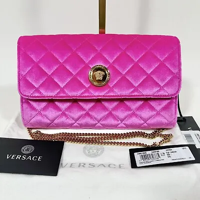 Versace Medusa Velvet Quilted  Leather Wallet On Chain Clutch Fuchsia Pink NWT • $1227.51