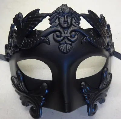 Mens Black Satin Masquerade Greek Roman Soldier Face Mask Party Fancy Dress Ball • £16.95
