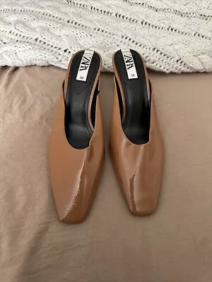 Zara Patent Finish Caramel Mule Bell Shaped Heel And Square Toe Shoes Size 38 • $45