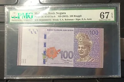 Malaysia Banknote Rm100 Pmg67epq Low Number Bq0000073 Zeti Gabenor • $118