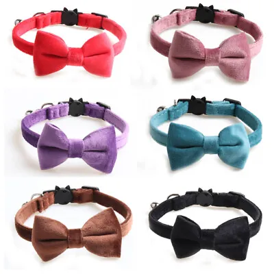 (CC087)  Plain Coloured Velvet Bow Tie Cat Collar Safety Release Bow & Bell • £4.25