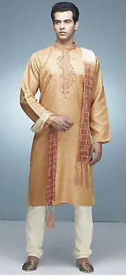 Men's Embroidered Indian Pakistani Jacquard Kurta Pyjama And Scarf SuitXL - XXL • £39.99