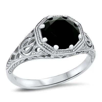 Genuine Black Agate Antique Design 925 Sterling Silver Solitaire Ring      #1333 • $24