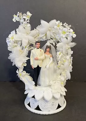 Vtg Antique Wedding Cake Topper Plastic 1950’s Arch Flowers Brunette Bride Groom • $29.99