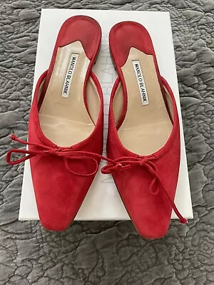 Manolo Blahnik Ballerimu Red Suede Mules • $420