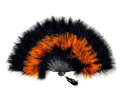 BLACK/ORANGE Marabou FEATHER FAN 12  X 20  Opens & Closes Burlesque Wedding  • $23.39