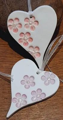 2 Handmade Wht Clay Pink Floral Heartpretty Christmas Tree Decorationsunique. • £3.99