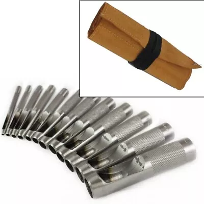 12pc Pro Precision Hollow Punch Set 3mm - 19mm Hole Cutter + Leather Tool Roll • £16.64