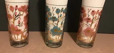 3 1960s FRED PRESS Highball Collins 5 3/4  Floral Glasses Gold Leaf Signed  • $49.99