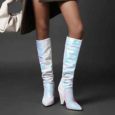 Ladies Winter Taper High Heels Over Knee Boots Loose Pointed Toe Sequin Boots Sz • $95.33