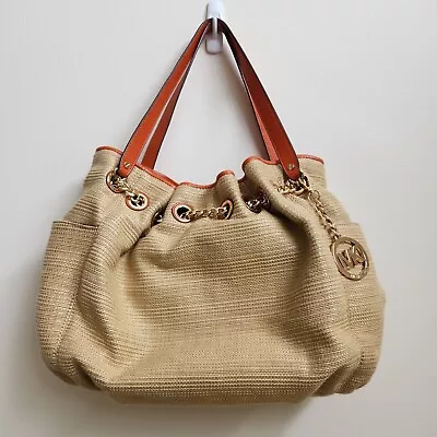 MICHAEL KORS Handbag Women Natural Burlap Canvas & Leather Strap Gold Chain Link • $47.96