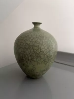 Chinese Oriental Elegant Shaped Crackle Vase Celadon Ikebana Signed Raku Japan • £24