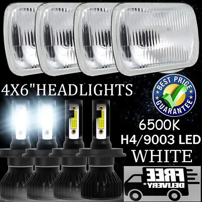 4X6 Stock Glass Lens / Metal Headlight 6500k H4 LED Light Bulb Headlamp Set • $140.29