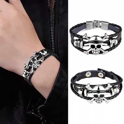 Skeleton Leather Bracelets For Men Wrap Stainless Steel Clasp Wrist Cuff Bangle • $5.99