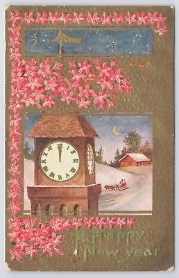 $3.70 • Buy New Year~Midnight Church Clock Tower~Horse Drawn Sleigh~Gold Bk~Emb~Vintage PC