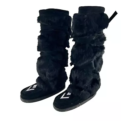 Manitobah Tall Wrap Mukluks Fur Lace Up Winter Boots Black Women’s Size 7 W/coa • $139.95