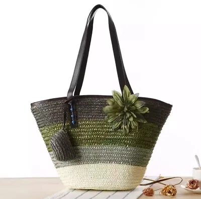 Woven Straw Tote Bag Handmade French Market Basket Moroccan Basket Beach Bag  • $48